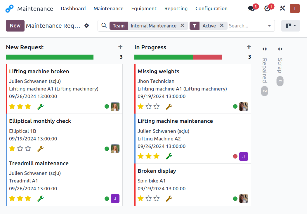 Assurez le bon fonctionnement de vos équipements grâce à l'application Maintenance d'Odoo, qui vous aide à les garder en parfait état en permanence