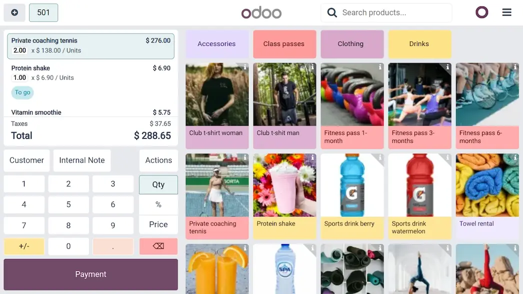 Configurez l'application Point de Vente pour offrir à vos clients la possibilité d’acheter une boisson sportive après un cours, des accessoires, des articles dérivés ou encore des pass, le tout en quelques clics